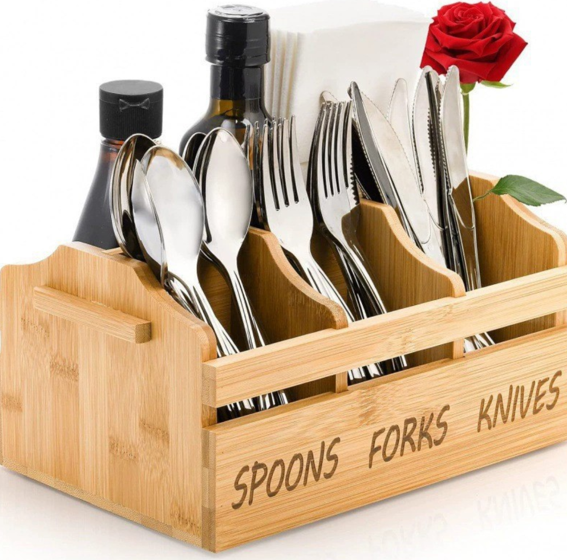 Bamboo Cutlery Caddy with Napkin Slot