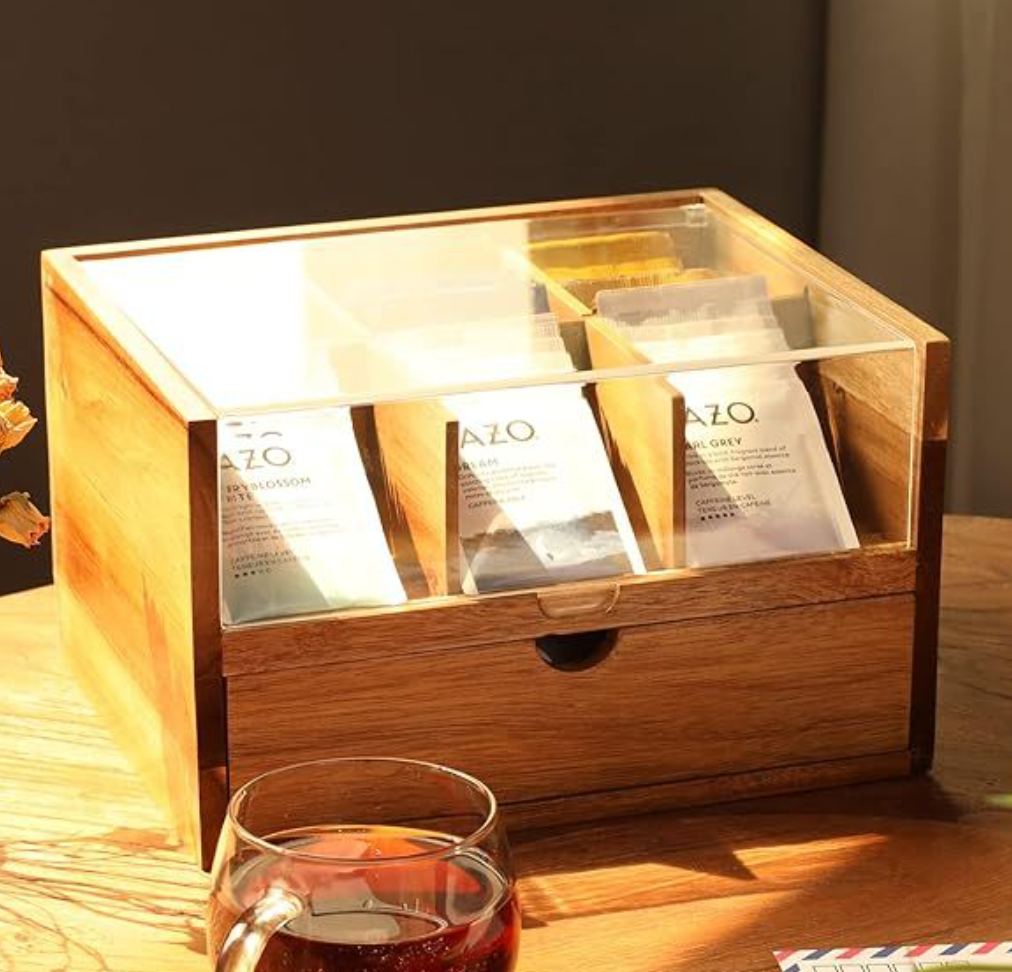 Acacia Tea Box with Glass Lid + Lower Drawer