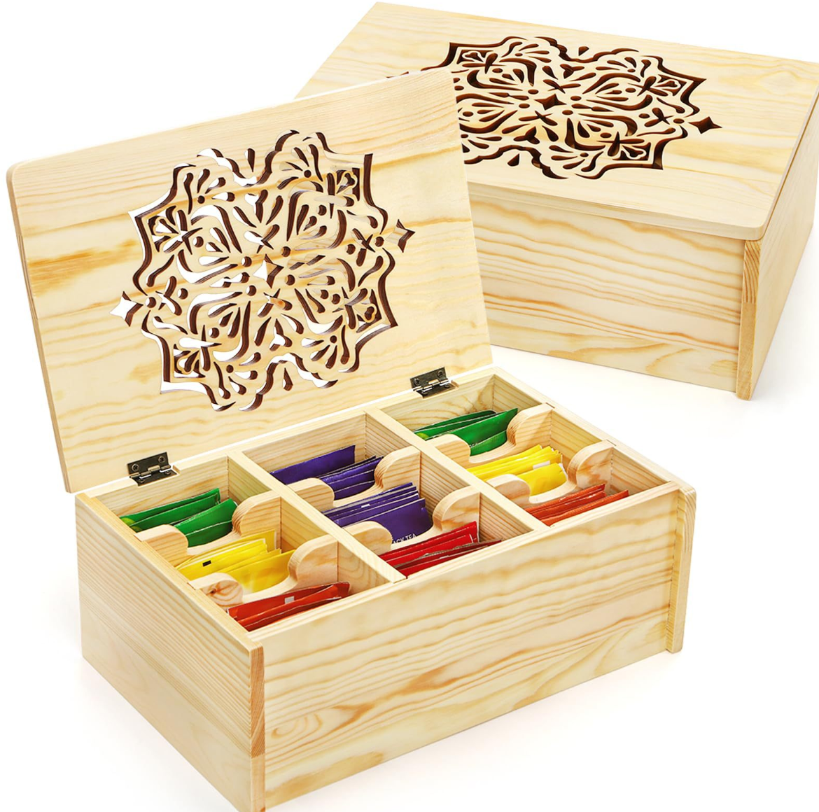 Pine Tea Box with Laser-Cut Mandala Lid
